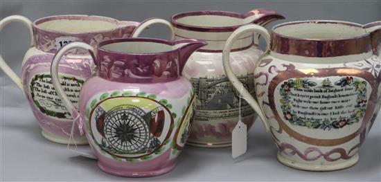 Four lustreware jugs, various, marine themes H.21cm